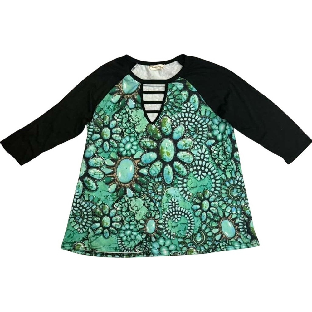 Southern Stitch Womens Turquoise Stone Print Raglan Top 3/4 Sleeve Cutout Large